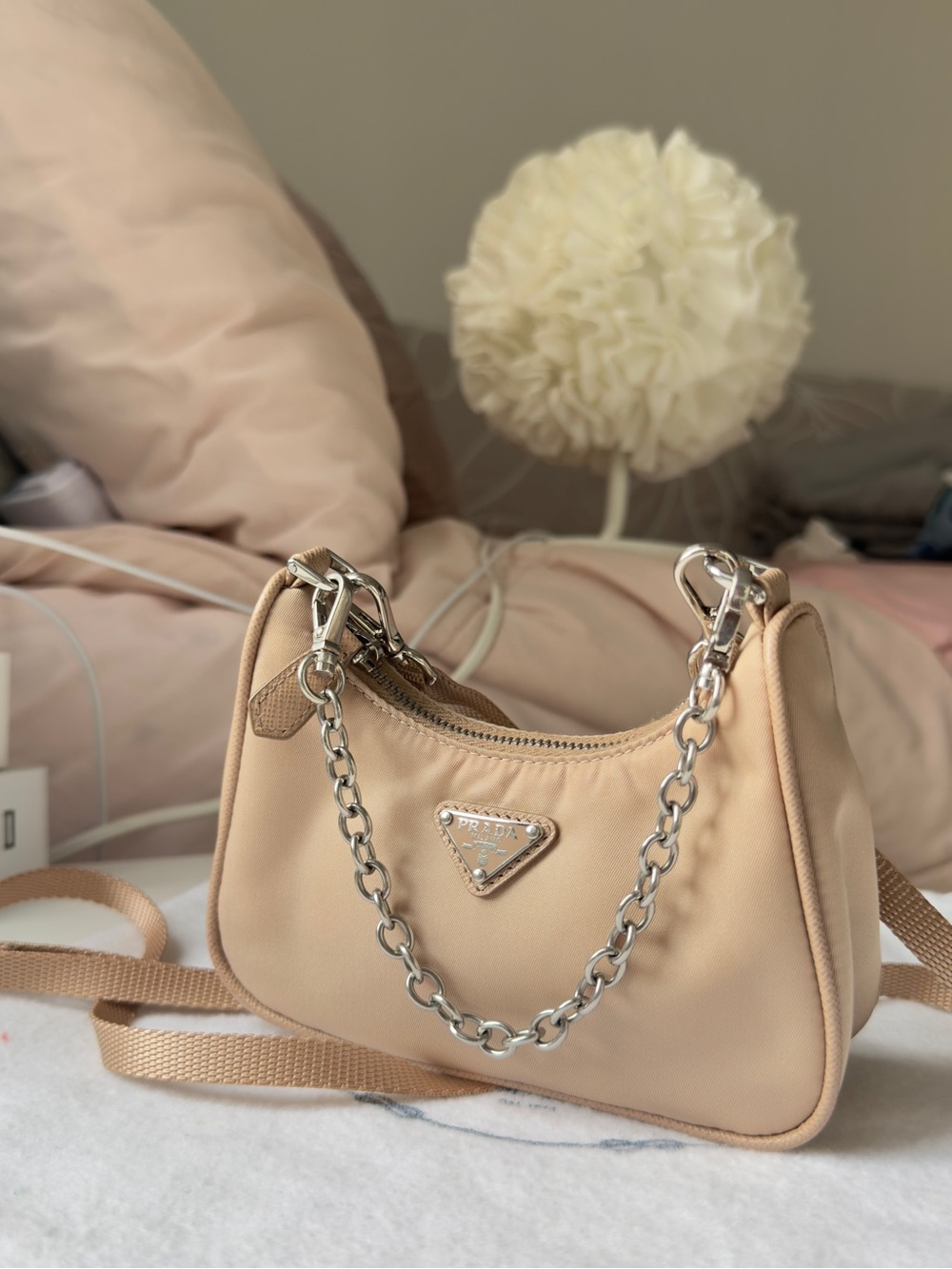 Prada Mini Nylon Shoulder Bag in Beige with Silver Chain